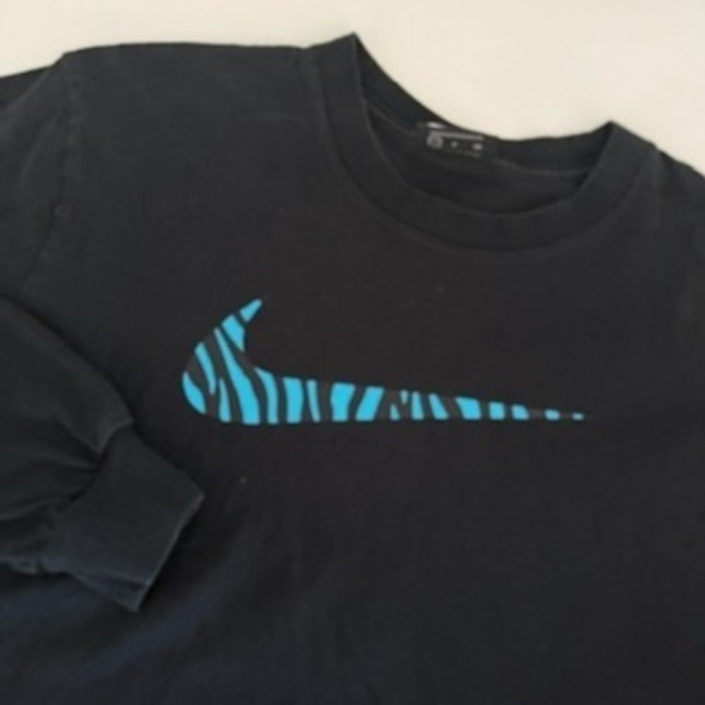 Nike Long Sleeve Shirt Black Blue Zebra Swoosh Drawstring Hem Small